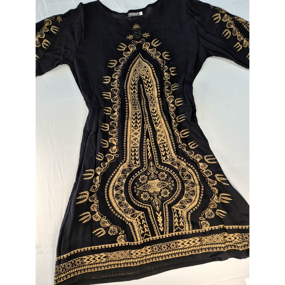 Earthbound Trading Co Womens Dress Short Sz S Blk  Gold Design Elastic Waistline